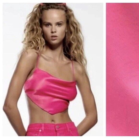 Zara Pink Satin Effect Crop Scarf Top Cross Tie Back Women’s Small - Picture 1 of 8